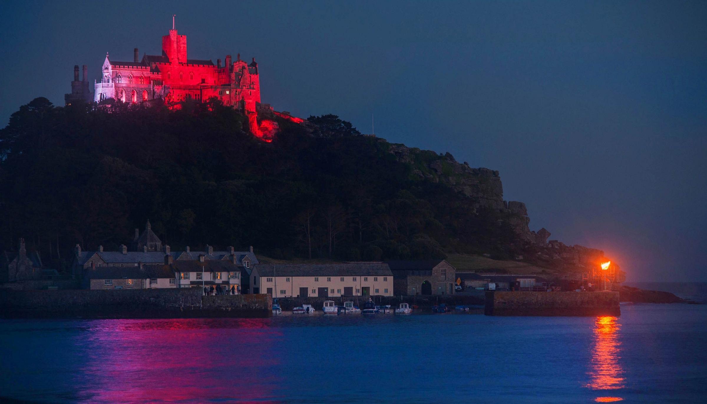 St Michaels Mount lit up in red, white and blue for the Jubilee beacon lighting Colin Higgs