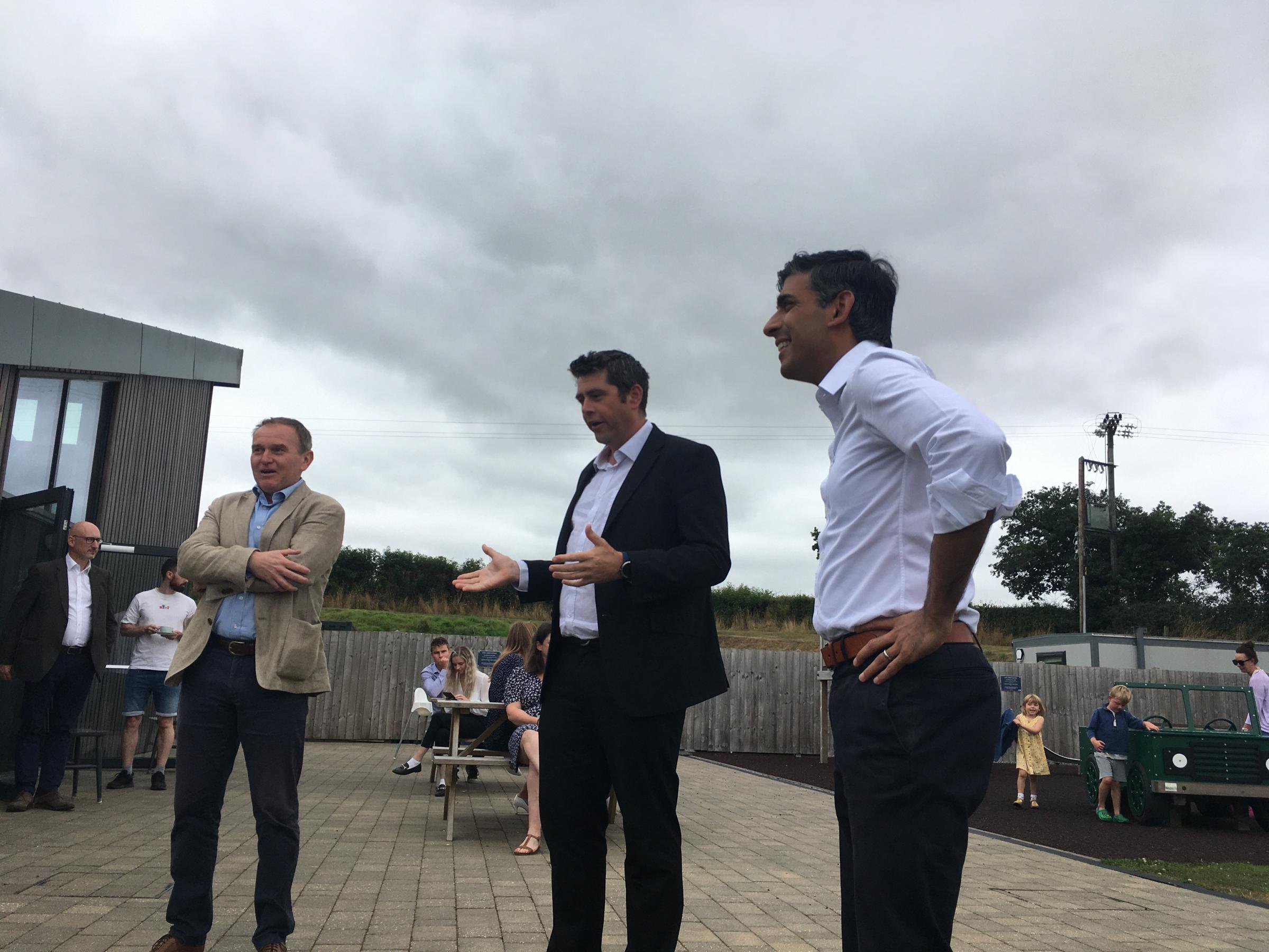 Rishi Sunak is introduced to Conservative Party members by MPs George Eustice (Camborne and Redruth) and Scott Mann (North Cornwall) Picture: Richard Whitehouse/LDRS