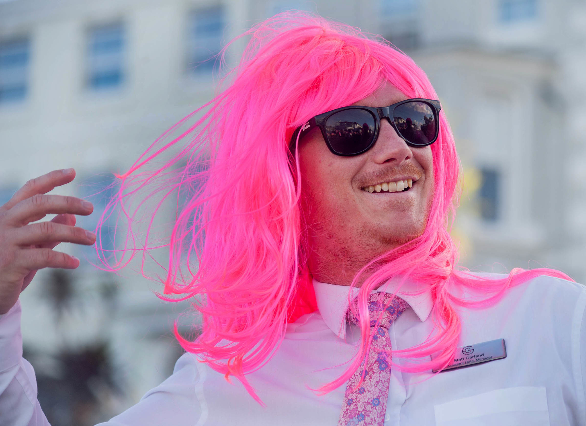 Falmouth Pink Wig Parade from the Greenbank Hotel to Church Street car park on Friday evening: Matt Garland Assistant Manager of the Greenbank Hotel gets in to the spirit of the evening. Picture by Colin Higgs