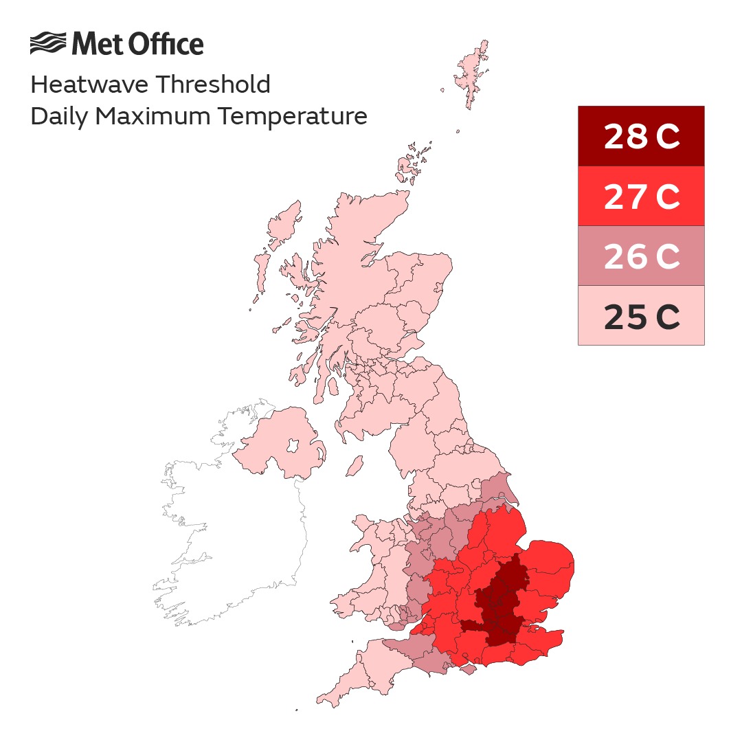 UK heat threshold map. Image Met Office