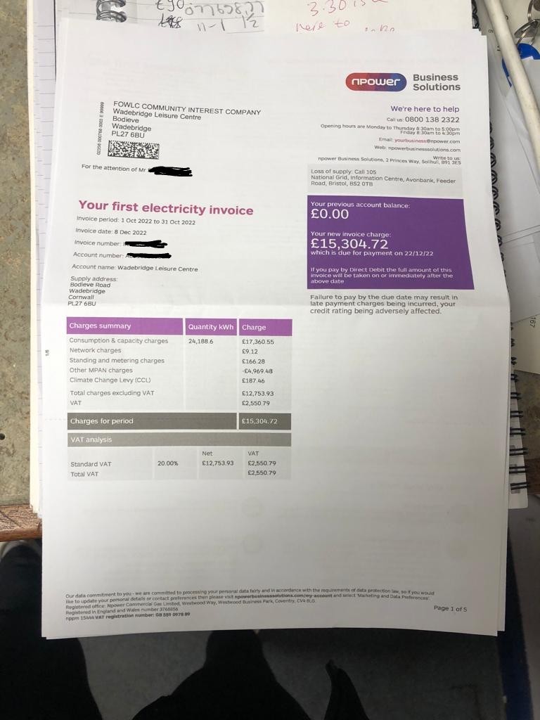 The electricity bill for more than £15,000 sent to the Friends of Wadebridge Leisure Centre (Image: Amanda Pennington - free to use)