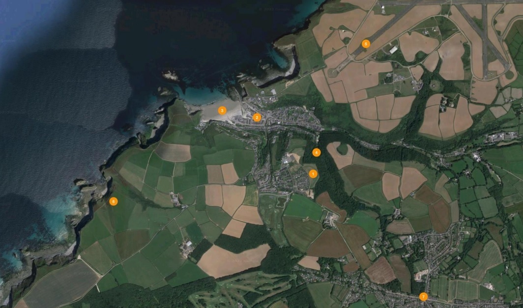 A plan showing where ten new lodges are proposed at 1, in relation to 2. Portreath town centre, 3. Portreath beach, 4. Nance Woods, 5. RAF Portreath, 6. Bassetts Cove and 7. Illogan 