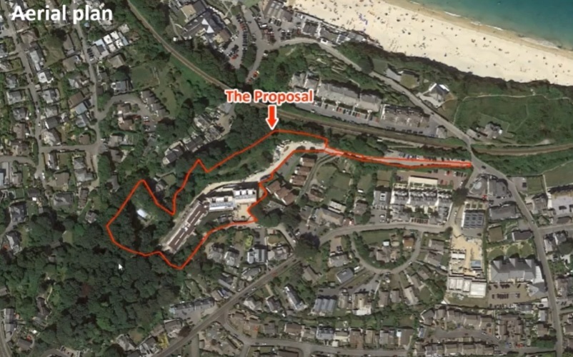 Where the proposed hotel sits in relation to the beach and nearby Carbis Bay Hotel, which would manage the \aparthotel\ if approved. (Pic: Google Earth / Cornwall Council)