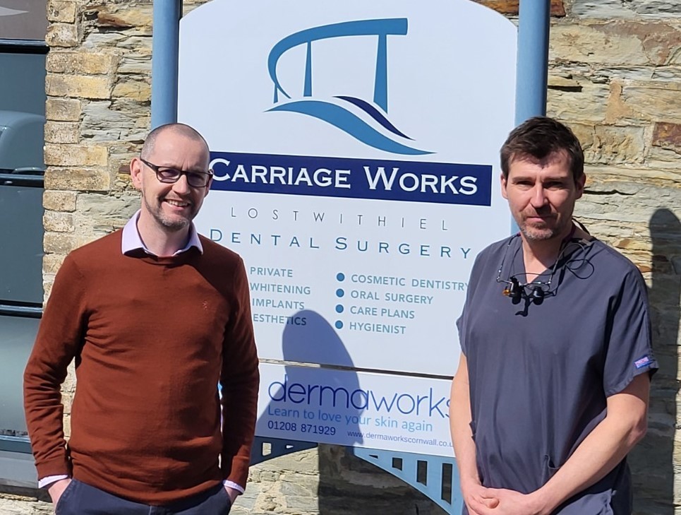 Lostwithiel councillor Colin Martin and Fin Bason, practice owner of Carriage Works Lostwithiel Dental Surgery