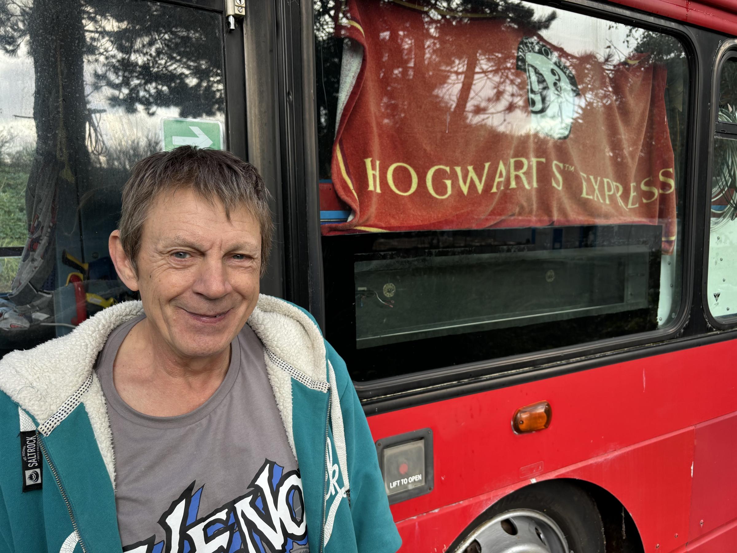 Neil Wainwright\s bus is adorned with a Hogwarts Express banner (Pic: Lee Trewhela / LDRS)