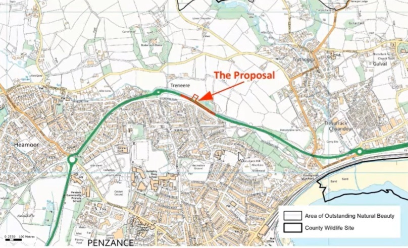 Where the access road would be in relation to the Trannack Farm development and Penzance as a whole (Pic: Cornwall Council)