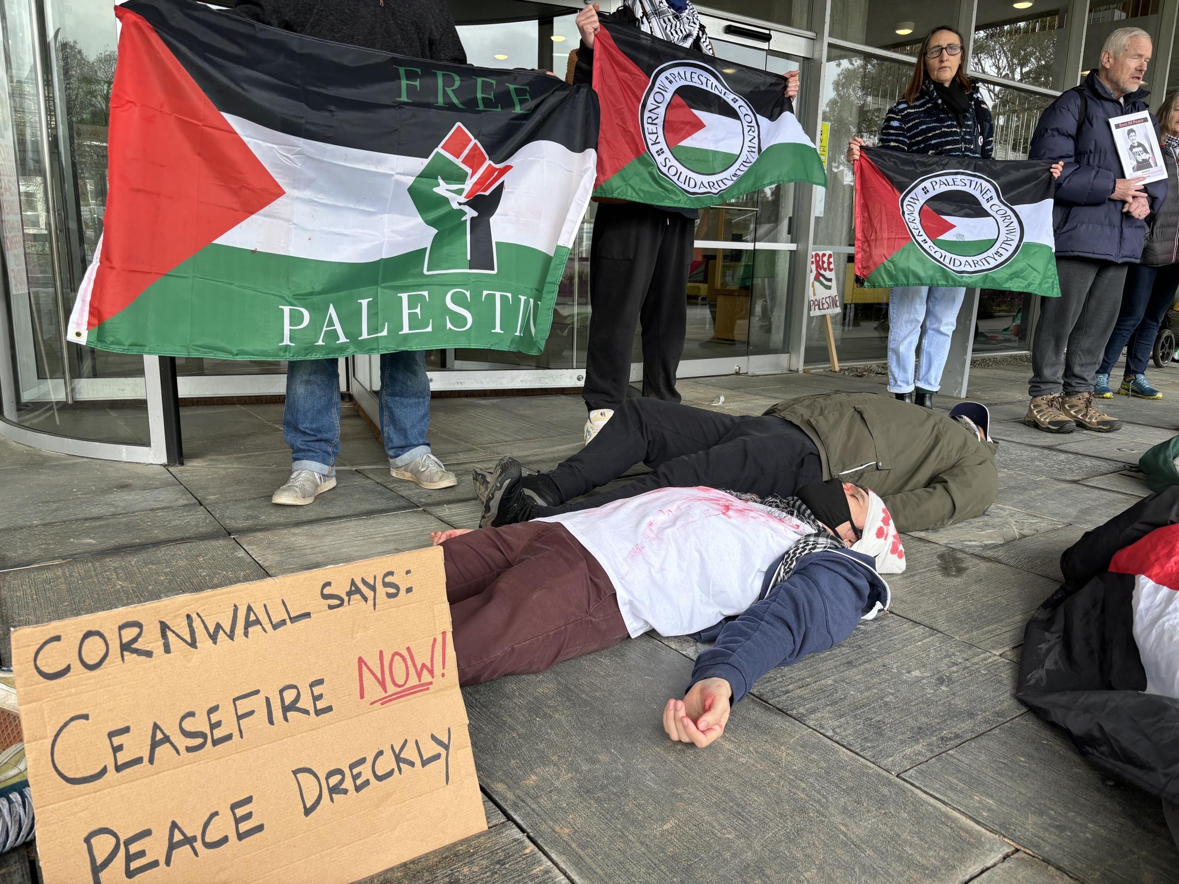 Members of Palestine Solidarity Cornwall protest outside County Hall (Lys Kernow) in Truro in February (Image: Lee Trewhela / LDRS)