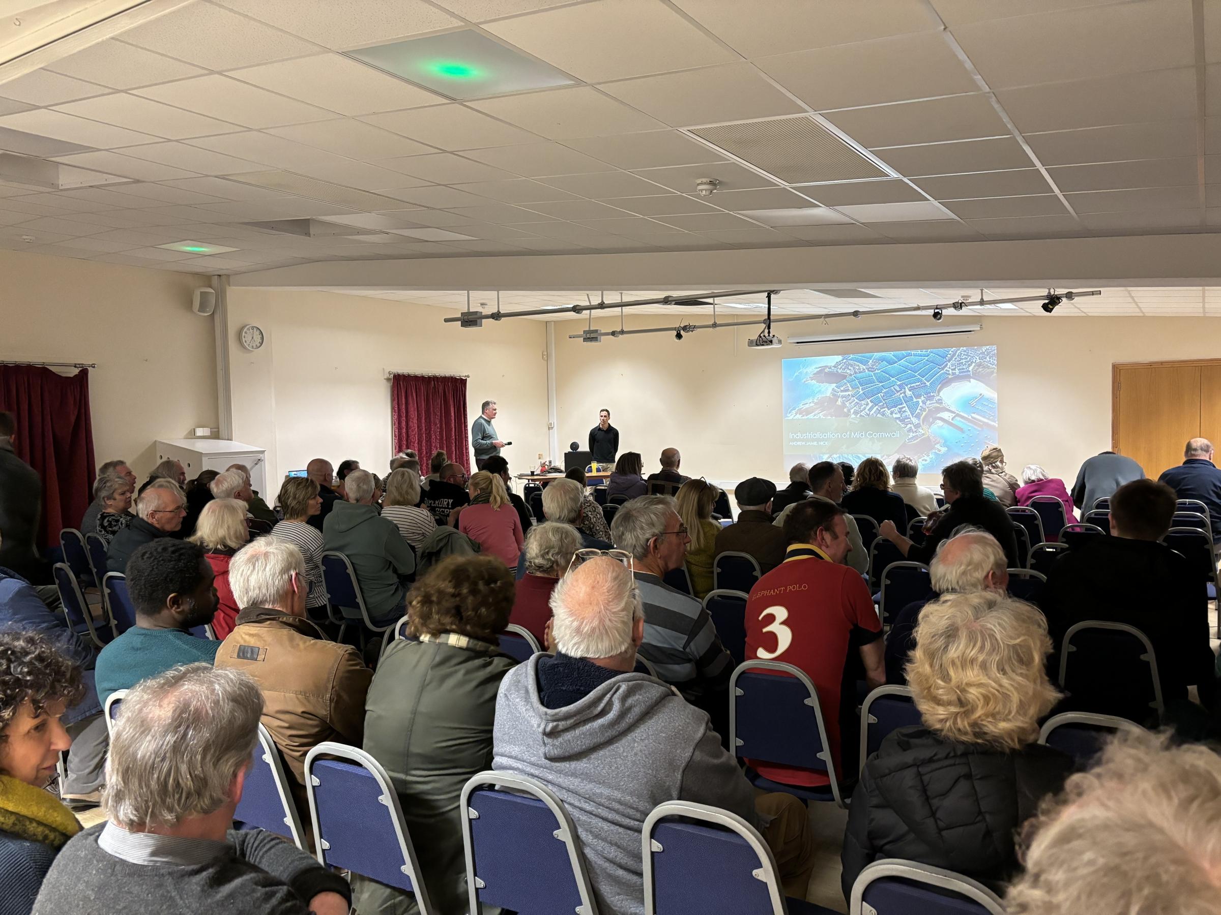 More than 100 people attended the meeting to discuss concerns about plans for industrial solar parks in mid Cornwall (Pic: Lee Trewhela / LDRS)