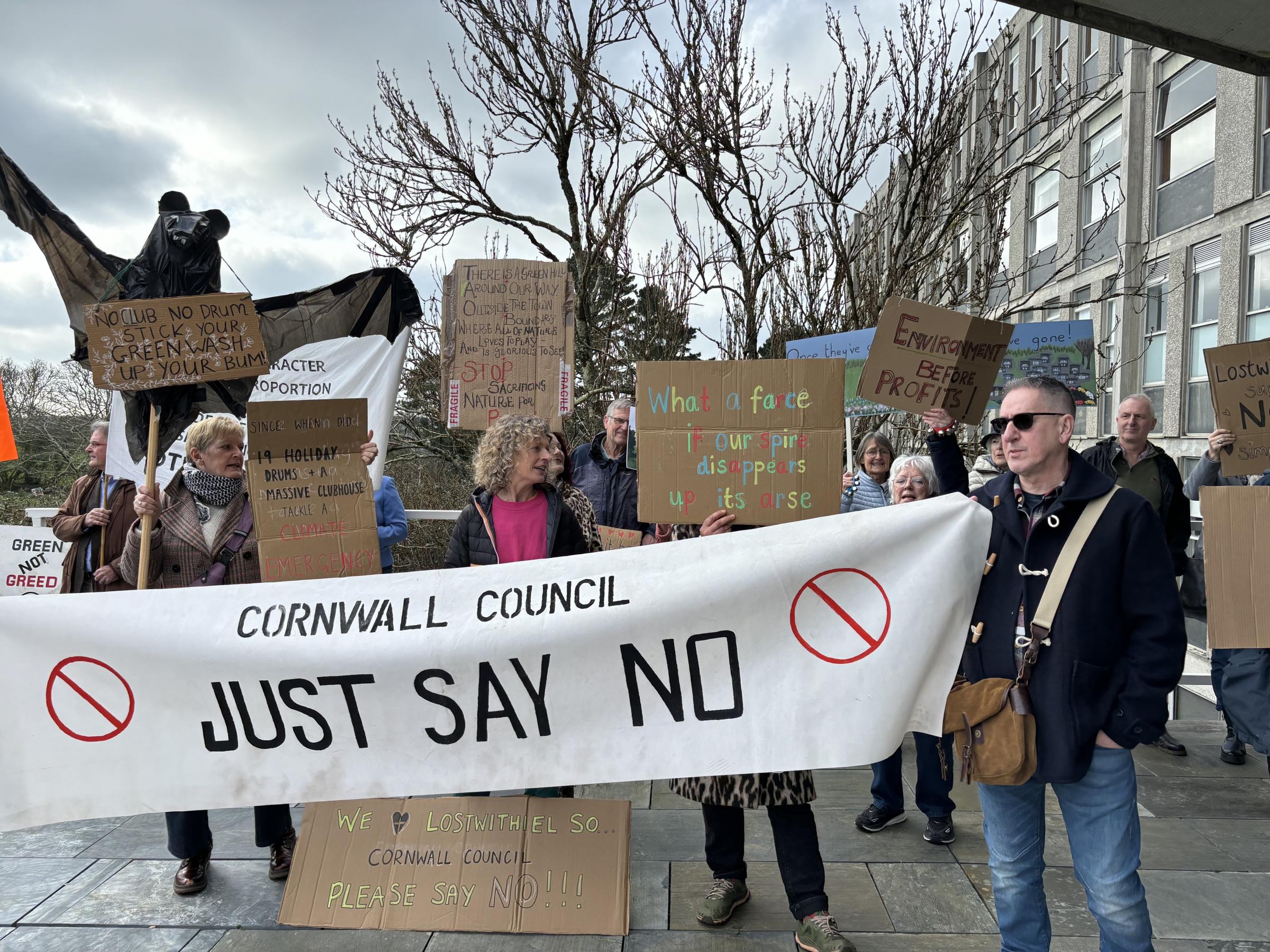 Protesters against the Gillyflower development protest outside New County Hall / Lys Kernow in Truro (Pic: Lee Trewhela / LDRS)