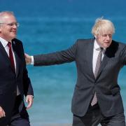 Prime Minister Boris Johnson welcomes Australian Prime Minister Scott Morrison to the G7 Summit in Cornwall. Picture: Peter Nicholls/PA Wire
