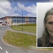 Rodney Peasley (inset) made bomb threats to Richard Lander School in Truro (pictured) and Kernow Health