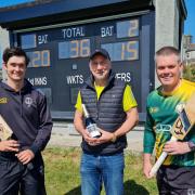 Neil Tregarthen (centre) who unveiled the new scoreboard at Beacon’s opening fixture on Saturday, pictured with First Team Captain Jordan Thomas (left) and Chairman Darren Proctor (right)