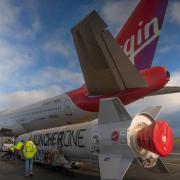 The rocket LauncherOne is due to be released from Virgin Orbit plane Cosmic Girl after taking off from Spaceport Cornwall