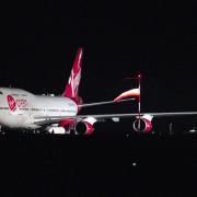 Virgin Orbit aircraft Cosmic Girl shortly before take-off from Spaceport Cornwall