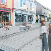 A CGI shows maintaining the current traffic flow down Meneage Street, but changing a few car-parking spaces for better public space around Horse & Jockey Lane Picture: MeiLoci
