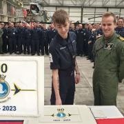 RNAS Culdrose Commanding Officer Chris Jones and  Air Engineering Technician Ryan Sharman at the 90th anniversary of 824 Squadron