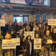 Protesters make their feelings known about the Premier Inn plans outside the St Ives Town Council meeting