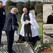 Peter Marchment and Heather Brown with navy chaplain Rev Raphael Duckett at the ceremony to remember Leading Aircrewman Ian Marchment (inset)