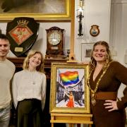 Cornwall Pride CEO Matthew Kenworthy Gomes, artist Rasa Staniulyte and Falmouth mayor Kirstie Edwards,