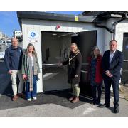 Falmouth mayor Cllr Kirstie Edwards cuts the ribbon to the toilets watched by Cornwall Cllr Jayne Kirkham, Cllr Jude Robinson, Richard Gates, town manager, and Andy Medlin, facilities manager