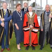 Cllr Alan Rowe was voted in as mayor along with Cllr Louise Coley as deputy mayor. Also pictured Cllr Steve Eva who took over the role of macebearer for the evening, town clerk Mark Williams and Falmouth Town  Council mace bearer Mark Peachey