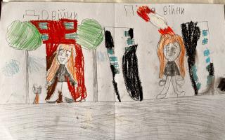 The heartbreaking drawing shows a child's life before and during the war in Ukraine