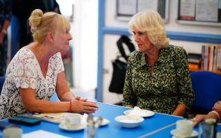 Queen Camilla with staff and members at the Oasis Centre in Cornwall for a cup of tea