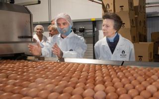 Dean Pink (Head of Production) shows HRH The Princess Royal the egg packing line