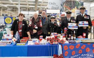 Members of the Armed Forces and councillor John Martin join Jenny Harvey and a colleague (left) for the launch of the Poppy Appeal in Tesco on Saturday