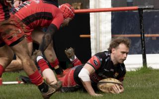 Left wing Jack Kessell dives over for Camborne's opening try at Old Redcliffians