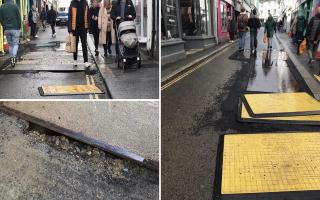 The roadwork repairs of concern in Arwenack Street, Falmouth