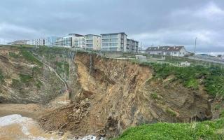 The aftermath of the cliff fall at Whipsiderry Beach, Newquay. Cornwall.