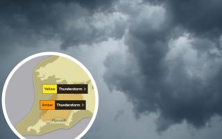 Weather warning upgraded from yellow to amber as storms sweep across Cornwall. Picture: Canva (inset: Met Office)