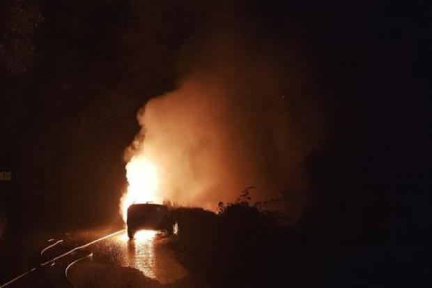 Firefighters were called to a car alight near Cury in the early hours of Thursday. Picture: Mullion Fire Station/Twitter